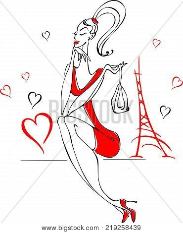 Young pretty fashion model with in Paris - illustration Design element for cards banners flyers Paris lettering isolated on white background.