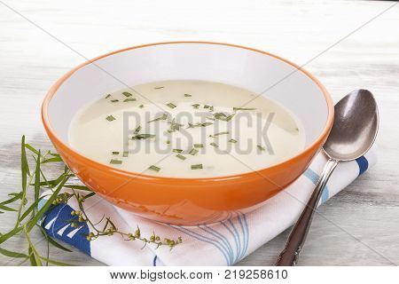 Delicious cream soup in bowl on white wooden rustic table with tarragon herb. Culinary healthy soup eating.