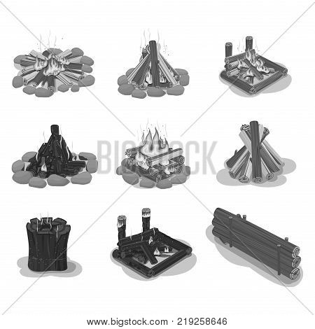 Set Firewood. Big set of four lighted, two smoldering, one unlighted bonfires, stump and stack of wood with shadows on white background. Black and white collection isolated vector illustrations.