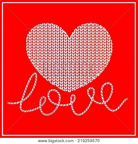 Knitted pattern with red heart for Valentines day design. love.