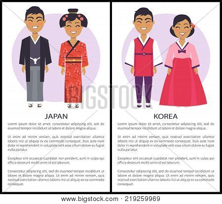 Japan and korea nationalities, set of posters with two nations and informational text below on vector illustration isolated on white with text