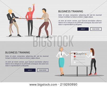 Business training web posters with competition of two men in process of training, people pulling rope, women discussing issues near chart on vector