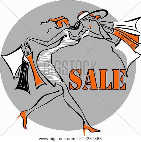 Theme shopping discounts sale. Woman hurries to have time to buy product at a discount!