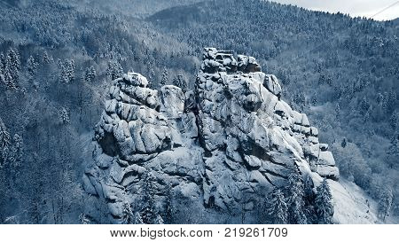 Winter in Carpathian Mountains. High-altitude aerial shot.
