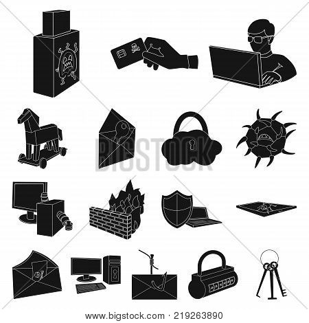 Hacker and hacking black icons in set collection for design. Hacker and equipment vector symbol stock  illustration.