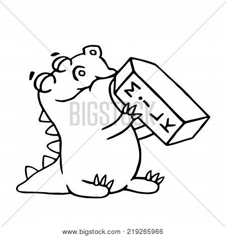 Cartoon dinosaur is drinking milk. Funny cool character. Contour freehand digital drawing cute animal. White color background. Isolated vector illustration.