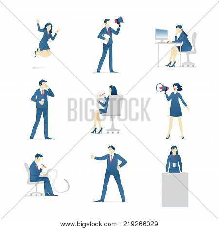 Business, finance and office employees in suits at different work situations. Business people lifestyle. Set of businessman and businesswoman characters vector illustrations