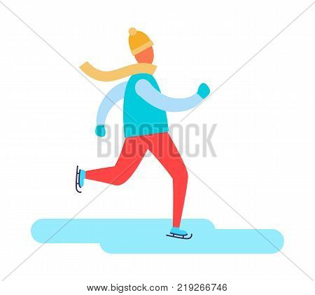 Man in earphones running in warm winter cloth vector illustration isolated on white background. Boy dressed in jacket and red jeans warming up