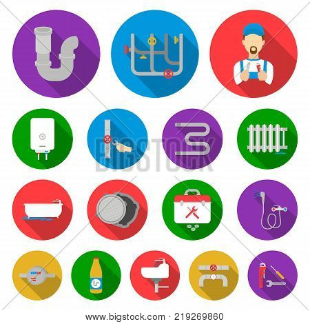Plumbing, fitting flat icons in set collection for design. Equipment and tools vector symbol stock  illustration.