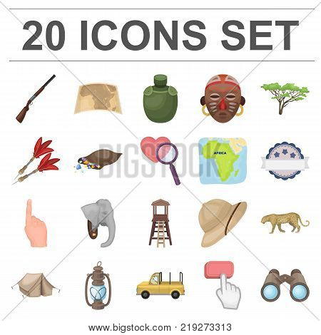 African Safari cartoon icons in set collection for design. Trophies and equipment for Safari vector symbol stock  illustration.