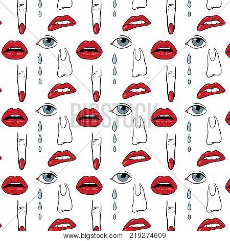 Lips fabric print with random parts of woman face