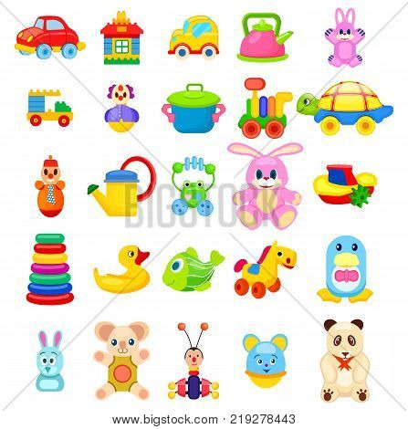 Soft animals, easy constructors, toys on wheels, rubber duck and fish, beetle xylophone, colorful pyramid and girlish cookware vector illustrations.