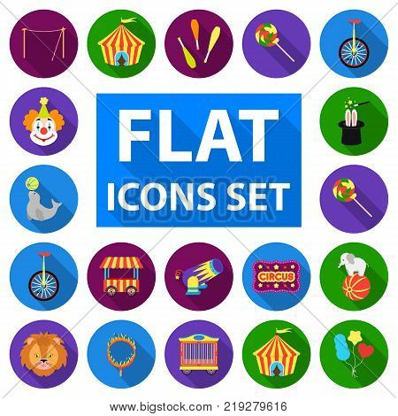 Circus and attributes flat icons in set collection for design. Circus Art vector symbol stock  illustration.