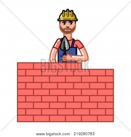 Builder Build A Brick Wall. Vector Sketch Cartoon Illustration.