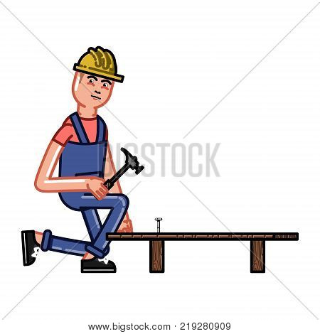 Builder clogs a nail. Vector sketch cartoon illustration.