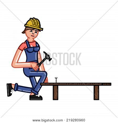 Builder clogs a nail. Vector sketch cartoon illustration.
