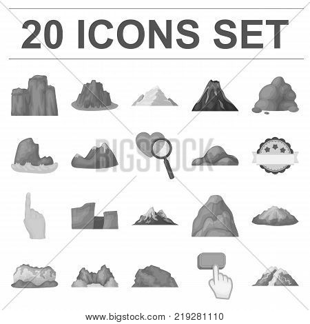 Different mountains monochrome icons in set collection for design.Mountains and landscape vector symbol stock  illustration.