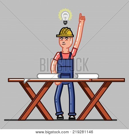 Builder exploring the drawings and finds a solution. Vector sketch cartoon illustration.