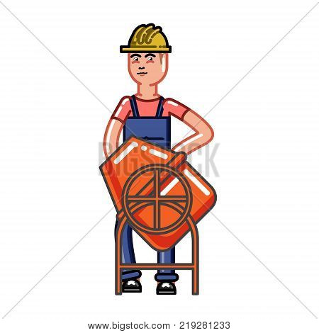 Builder knead concrete. Vector sketch cartoon illustration.