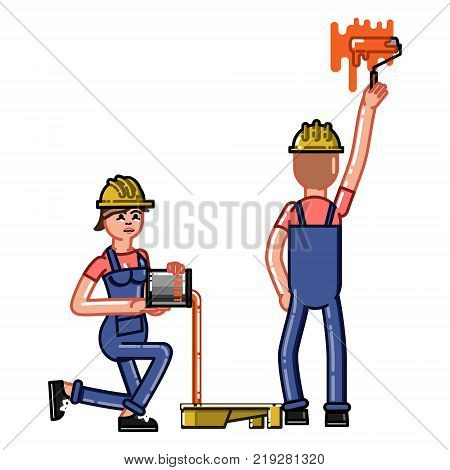 Builder paint a wall and partner pours paint in the tray. Vector sketch cartoon illustration.