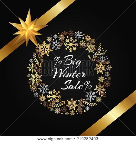 Big winter sale poster decorative frame made of golden snowflakes, snowballs of gold in x-mas border on black vector with bow and ribbon in corner