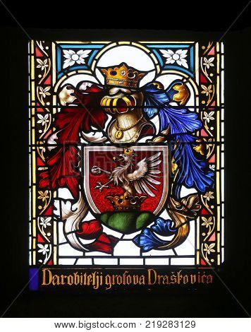 ZAGREB, CROATIA - APRIL 07: Coat of arms of the Counts Draskovic, stained glass in Zagreb cathedral dedicated to the Assumption of Mary in Zagreb on April 07, 2015
