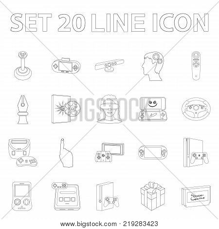 Game console and virtual reality outline icons in set collection for design.Game Gadgets vector symbol stock illustration.