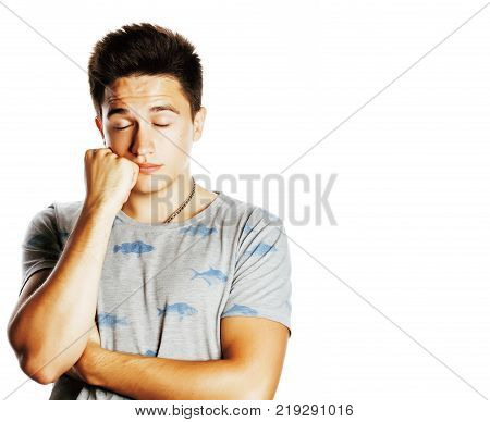 young attractive man isolated thinking emotional on white close up