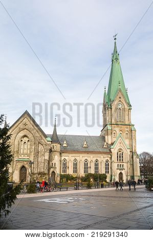 Kristansand, Norway, December 22, 2017: Domkirken, the church in Kristiansand center.