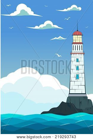 Blue sea with waves and lighthouse on island. Marine nature landscape wildlife background sea navigation vector illustration