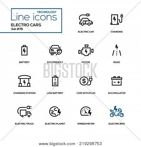 Electro cars - line design icons set. High quality black pictograms. Charging, battery, eco-friendly, motor, road, station, low battery, coin with plug, accumulator, truck, planet, speedometer, bike