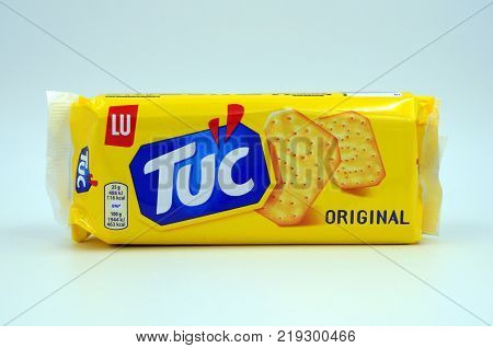 Almere, The Netherlands - December 22, 2017:  Package of TUC Original  Biscuit Snack Crackers.