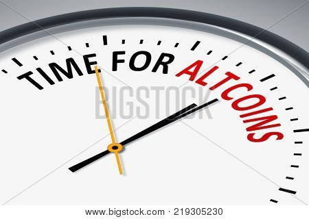 An illustration of a typical clock with text time for altcoins