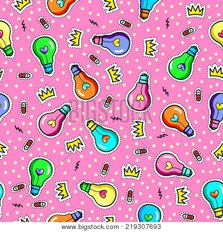 Seamless pattern with fashion patch badges with light bulbs, crowns, hearts, swithches and other elements.Vector dots background with stickers, patches in cartoon 80s-90s comic style.