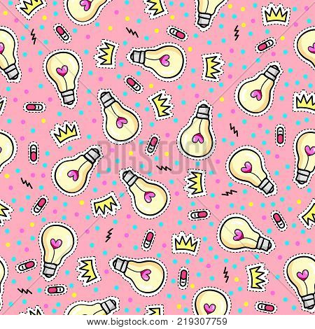 Seamless pattern with fashion patch badges with light bulbs, crowns, hearts, swithches and other elements.Vector dots background with stickers, patches in cartoon 80s-90s comic style.