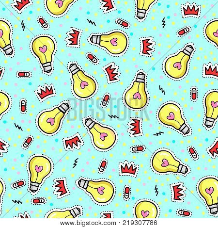 Seamless pattern with fashion patch badges with light bulbs, crowns, hearts, swithches and other elements.Vector dots background with stickers, patches in cartoon 80s-90s comic style.