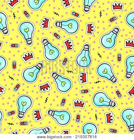 Seamless pattern with fashion patch badges with light bulbs, crowns, hearts, swithches and other elements.Vector dots background with stickers, patches in cartoon 80s-90s comic style.