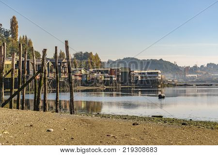 Palafito Houses At Lake, Chiloe, Chile