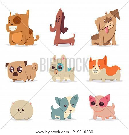 Cute funny puppies set. Dog cartoon vector character. Home pets illustration isolated on a white background.