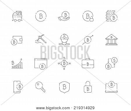 Simple set of Bitcoin related vector line web icons. Contains such Icons as Bitcoin, Miner, Distribution, Security, Portfolio and more. Editable Stroke. 48x48 Pixel Perfect.