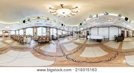 MINSK BELARUS - JULY 15 2014: Modern interior of gourmet restaurant with light style with white grand piano full 360 by 180 degree seamless panorama in equirectangular spherical projection