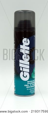 Amsterdam, The Netherlands - December 13, 2017: Gillette Shave Gel For Sensitive Skin against a white background.