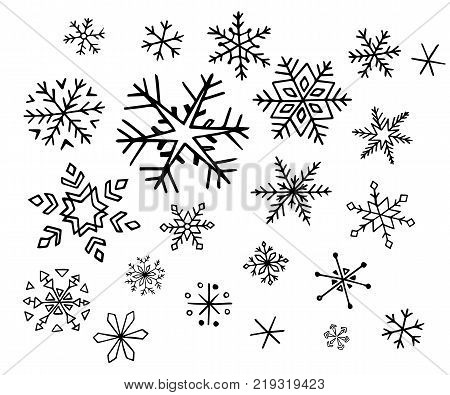 Set of different hand-drawn snowflakes. vector illustration