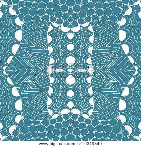 Seamless aqua tile with lacy patterns. Hand drawing in the style of sentangle. Suitable for sheathing or wrapping