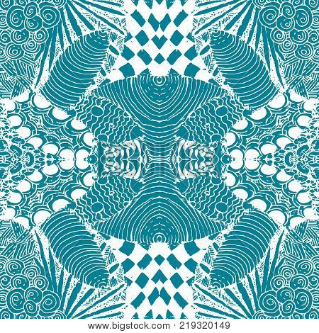 Seamless aqua tile with lacy patterns. Hand drawing in the style of sentangle. Suitable for sheathing or wrapping