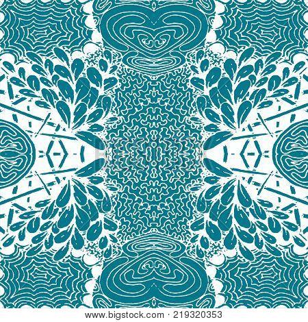Seamless aqua tile with lacy patterns. Hand drawing in the style of sentangle. Suitable for sheathing or wrapping