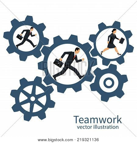 Collaboration concept. Teamwork business metaphor. Team businessmans running inside gear mechanism. Vector illustration flat design. Isolated on background. People together rotate mechanism system.