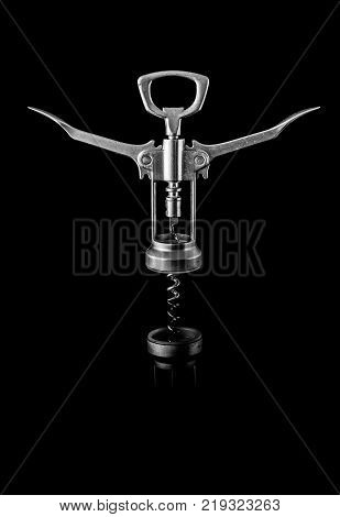 Brushed Chrome Corkscrew on Black Background, Portrait