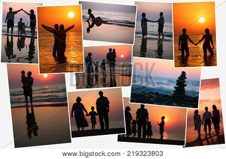 Collage with twenty nine people (eight models) against background of sunset, silhouettes
