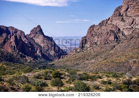 Big Bend National Park, USA, 2017.10.30: The window opens the view towards Mexico from the Chisos Basin in the Big Bend National Park in the USA.